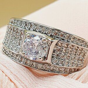 💎 Glitter Zircon Full Filled Silver Chunky Wedding Ring for Man, INDN8362